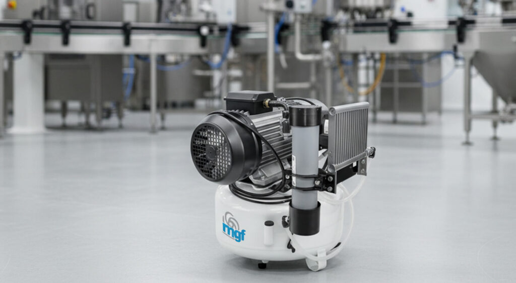Oil-free MGF Prime Series air compressor on clean facility floor with food and beverage production line in background
