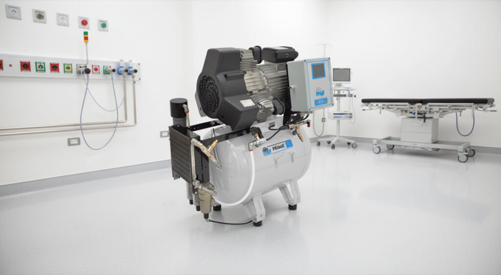 Medical Air Compressors Silentaire PRIME Series medical air compressor in a clinical environment with medical gas panel and surgical table in background