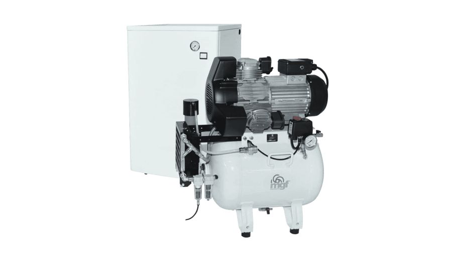 laboratory-air-compressors MGF oil-free laboratory air compressor with storage tank and dryer unit on a white background.